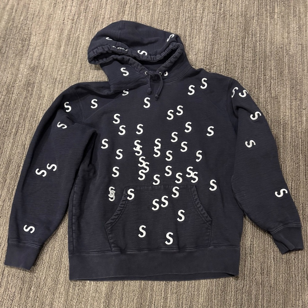 Supreme Navy Blue Hoodie with White 'S' Embroidered Pattern